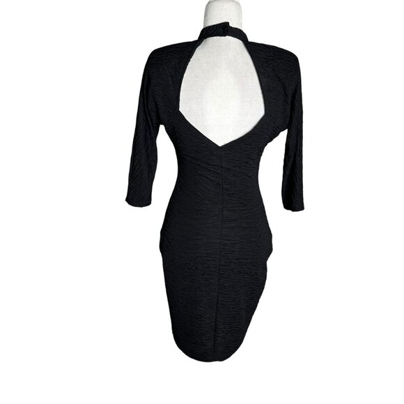 Vintage Textured Bodycon Dress Small Black Open Back 3/4 Sleeve Stretch Knit - Picture 6 of 11